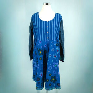Gudrun Sjoden Size XL Blue Stripe Floral Long Sleeve Art To Wear Cotton Dress